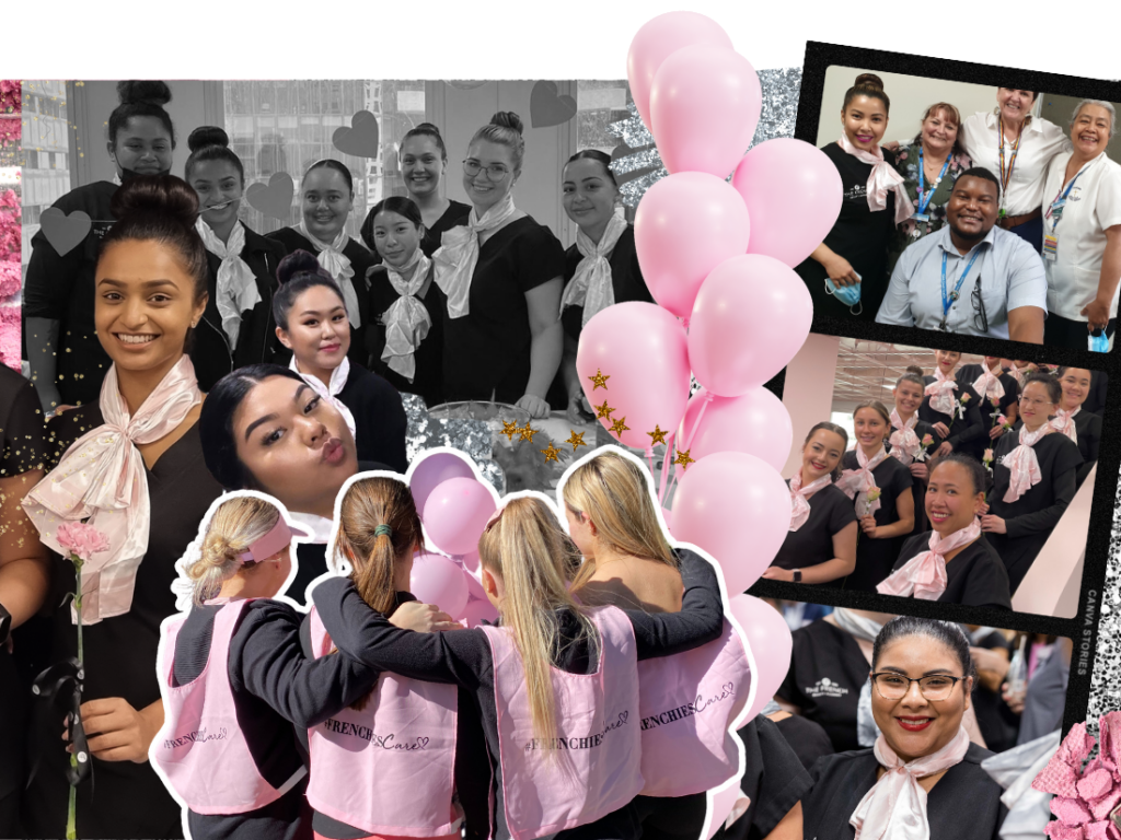 Digital collage many young women wearing French Beauty Academy uniforms showing scenes of a bake sale, balloons, French students volunteering in the community and Student Ambassadors wearing the pink scarf