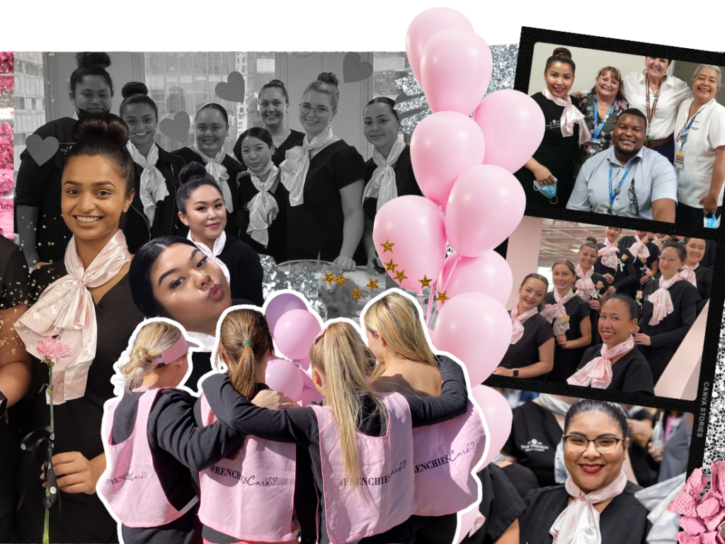 Digital collage many young women wearing French Beauty Academy uniforms showing scenes of a bake sale, balloons, French students volunteering in the community and Student Ambassadors wearing the pink scarf