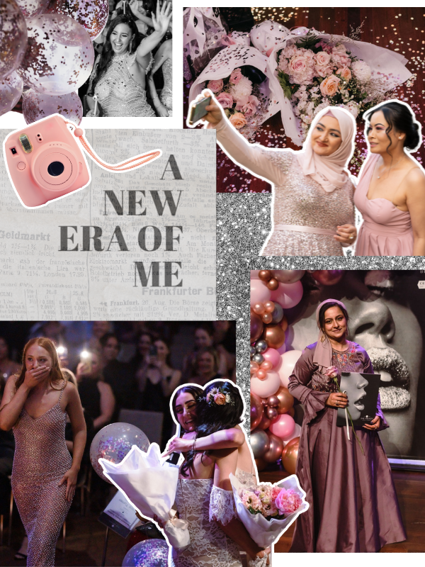 A digital collage showing moments and elements from the French Beauty Academy graduation gala events. Over a silver glitter background, cut-out images of young women in floor length formal dresses are taking selfies, embrasing, receiving an award and cheering each other on. Over the top of this are pink confetti filled balloons, a polaroid camera and a quote which reads "A new era of me"