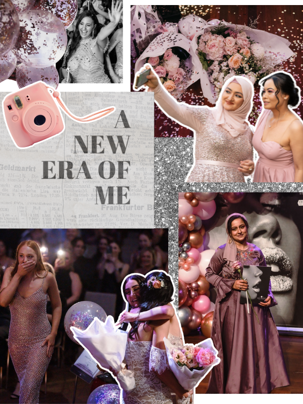 A digital collage showing moments and elements from the French Beauty Academy graduation gala events. Over a silver glitter background, cut-out images of young women in floor length formal dresses are taking selfies, embrasing, receiving an award and cheering each other on. Over the top of this are pink confetti filled balloons, a polaroid camera and a quote which reads "A new era of me"