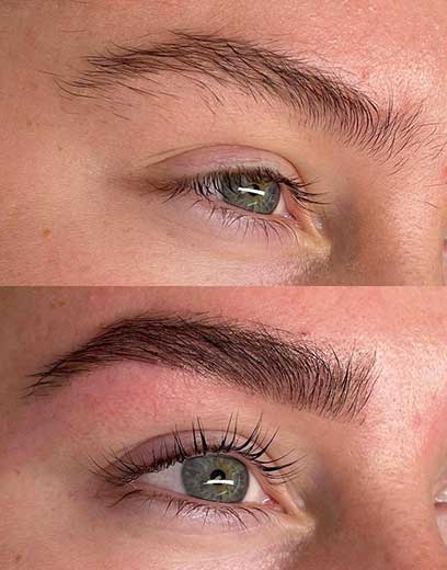 A before-and-after image of an eyebrow shape, wax and tint