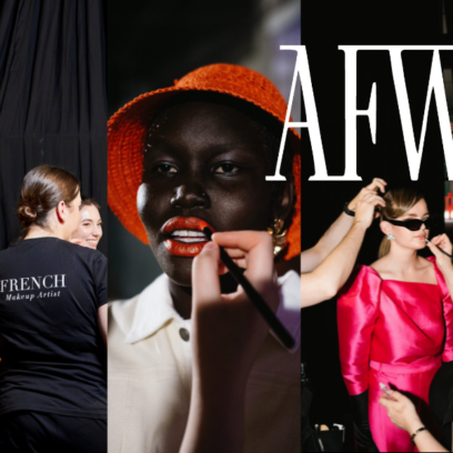 A collage of image back stage at Adelaide Fashion Week. On the left, makeup artists chat behind the scenes. In the middle, a woman wearing a red hat is having bright red lipstlick applied, and in the image on the right, a model receives final touch ups.