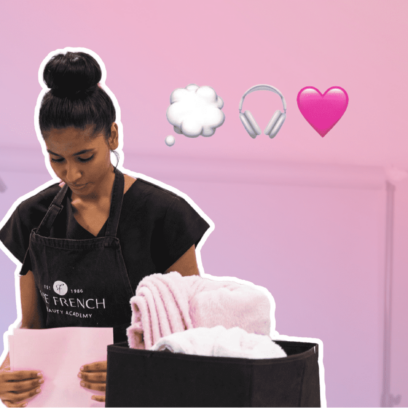 Beauty student folding towels in classroom