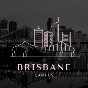 A pink drawing of the Story Bridge with a city sky line behind it with text that reads "Brisbane Campus" sits in front of a black and white background image Brisbane City, Queensland