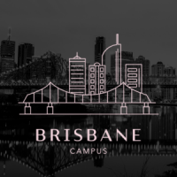 A pink drawing of the Story Bridge with a city sky line behind it with text that reads "Brisbane Campus" sits in front of a black and white background image Brisbane City, Queensland
