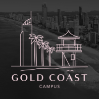 A pink drawing of palm trees, a sky scraper and a lifeguard tower with text that reads "Gold Coast Campus" sits in front of a black and white background image of the Gold Coast beaches taken from the sky